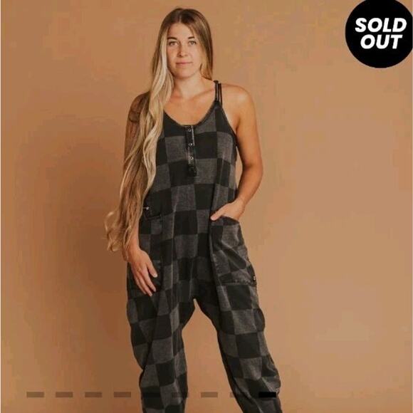 Rags Women’s Tank Romper Black Denim Check Size (L) NWT Snapless Jumpsuit - Picture 1 of 10